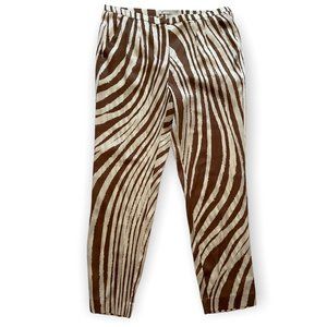 Les Copains Pants Silk Zebra Print Cognac Brown White Animal Pattern 10 32 L NWT